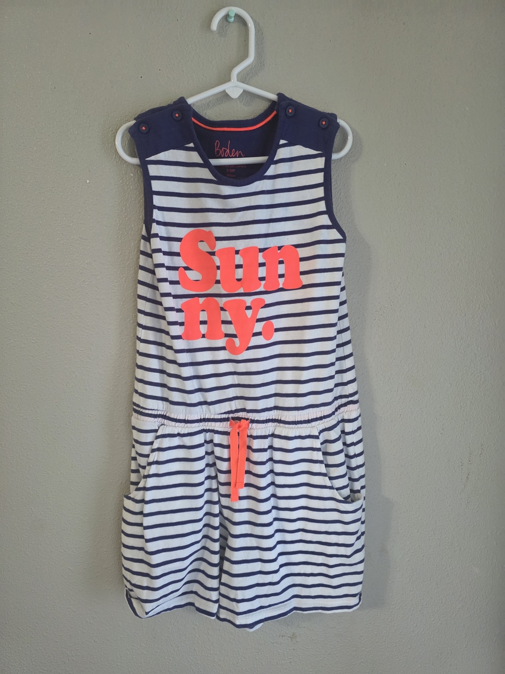 Boden Navy & White Striped Jumper with Neon Pink 'Sunny' Graphic